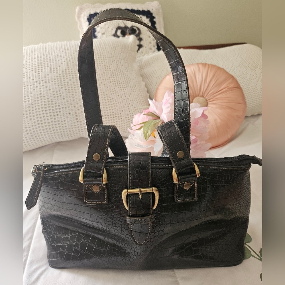 Caribbean Joe Black Crocodile-Embossed Shoulder Bag